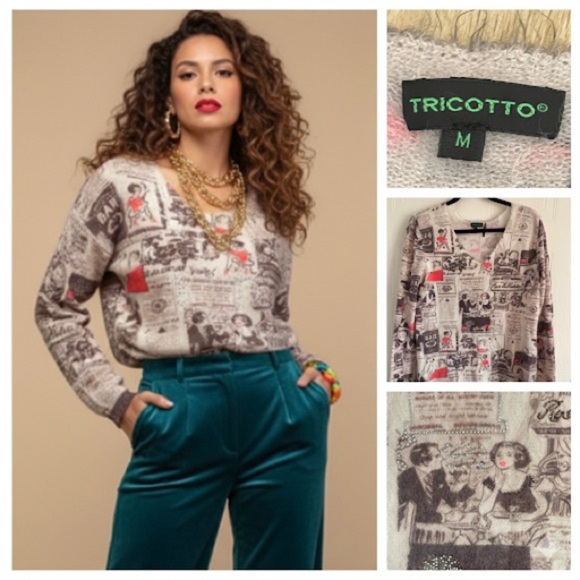 Tricotto Sweaters - Tricotto M Vintage Newspaper Print Rhinestone V-Neck Sweater Maximalist Art
